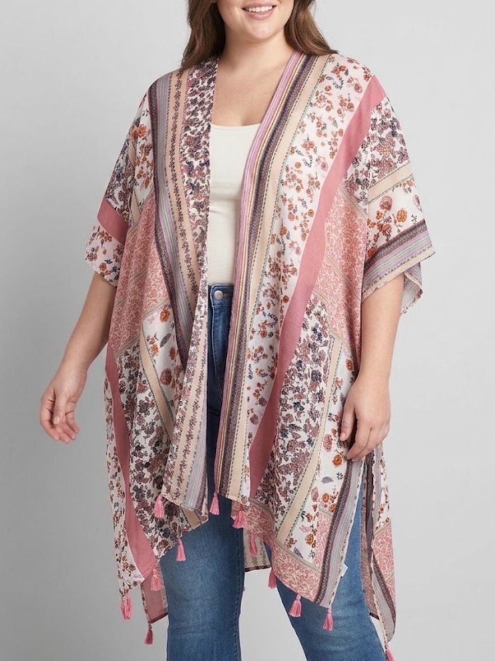 Ultra Pink Boho Mixed Print Flowy Kimono Top Plus Size 2X - Picture 1 of 6